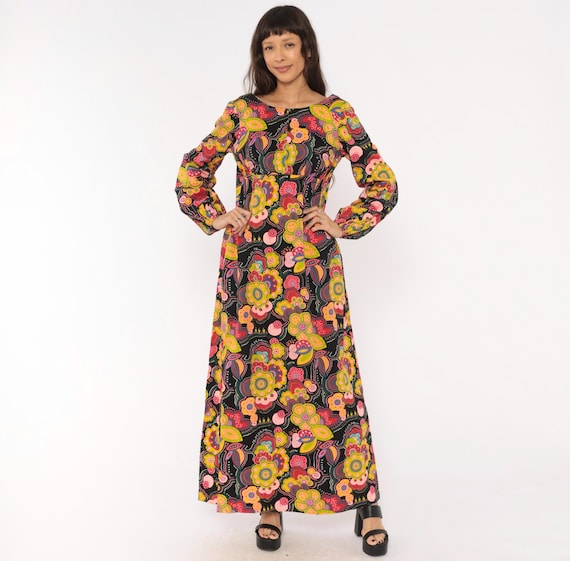 70s Psychedelic Floral Maxi Dress Black Pink Open Back Balloon Sleeve Empire Waist Paisley Flower Power Bohemian  Vintage Medium Large M L