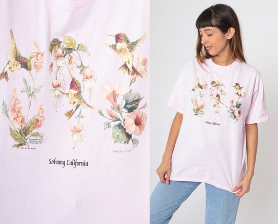 Floral Hummingbird Shirt 90s Solvang California T-Shirt Flower Graphic Tee Bird TShirt Wildlife Nature Top Baby Pink Vintage 1990s Large L