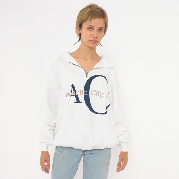 Atlantic City Sweatshirt 90s White Quarter Zip Navy Graphic Print New Jersey Souvenir Travel Tourist Long Sleeve Vintage Top Extra Large XL