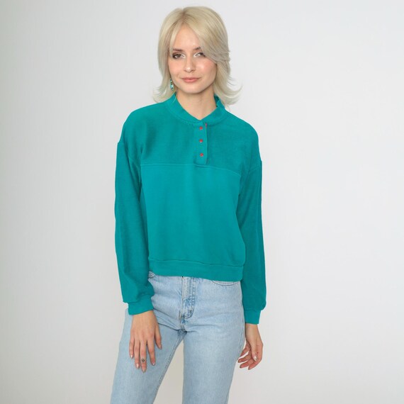 Vintage Teal Green Henley Sweatshirt Snap Button Up Long Sleeve Shirt 1990s Plain Pullover Retro 1980s Nerd Geek Normcore Medium