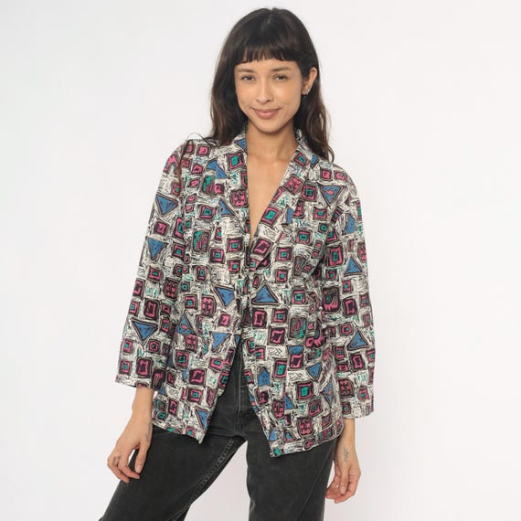 90s Geometric Blazer Abstract Print Pink Blue Turquoise Cream Cotton Jacket Open Front Collar Statement Brushstroke Vintage Womens Small S
