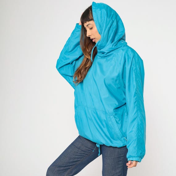 Vintage Obermeyer Anorak Jacket 80s Blue Nylon Pullover Windbreaker Hooded Ski Jacket 1980s Funnel Neck Drawstring Waist Women's Large 14
