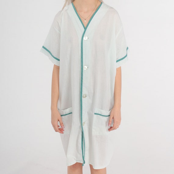 70s Pajama Dress Mini Sheer White Green Striped L… - image 7