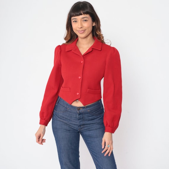 70s Crop Top Red Corduroy Shirt Puff Sleeve Blouse Boho Notched Hem Hippie Bohemian Vintage Long Sleeve Jacket Shirt Structured Small