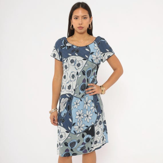 Blue Patchwork Floral Dress 2000s Iolani Hawaiian Short Sleeve White Navy Sky Flower Pullover Summer  Sundress Beach Vacation Small S