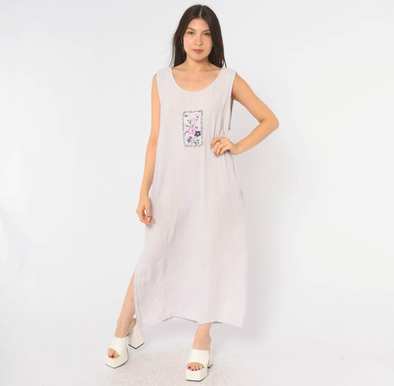 90s Lavender Midi Dress Purple Sleeveless Floral Patch Scoop Neck Side Slit Shift Tank White Micro Check Garden Party Plus Size 22W 2X