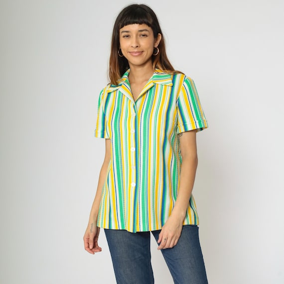70s Striped Shirt Yellow Green Blue Shirt Short Sleeve Boho Top Geek Nerd Button Up 1970s Collared Medium