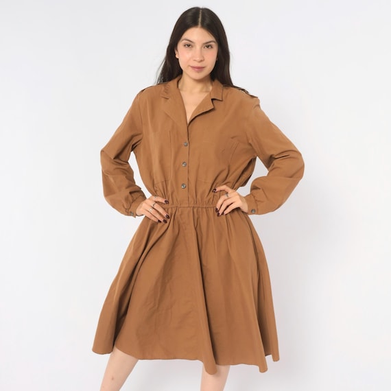80s Tan Shirt Dress Safari Summer Brown Cotton Button Front Long Sleeve Collared Utility Patch Pocket A Line Epaulets Womens Extra Large XL