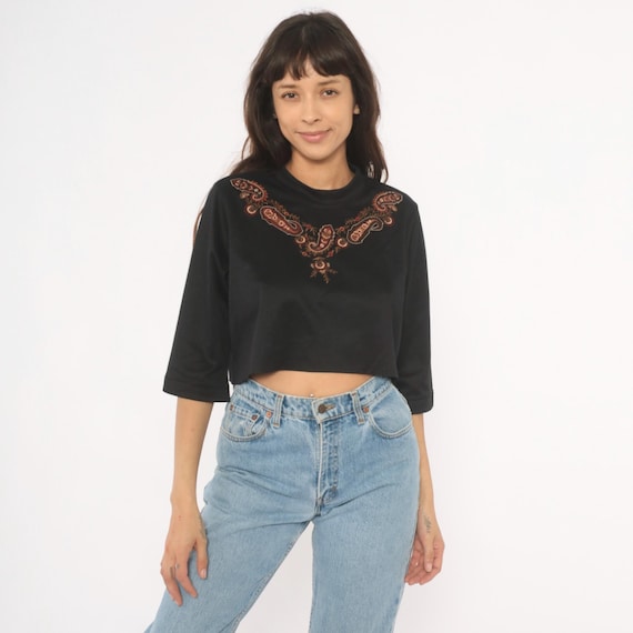 Paisley Embroidered Crop Top Black Three Quarter Sleeve 90s Floral Tee Cropped Blouse Shirt Stitch Detail Bohemian Hippie Vintage Small S