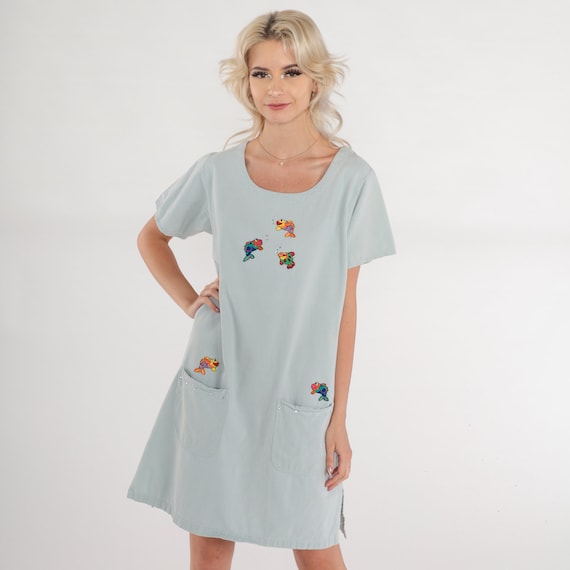 Rhinestone Fish Dress 90s Mini T-Shirt Dress Short Sleeve Scoop Neck Pocket Beach Lounge Shift Minidress Tropical Vintage 1990s Medium M