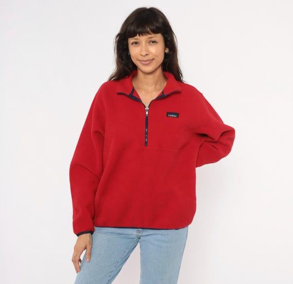 90s L.L.Bean Fleece Pullover Red Half Zip Sweater Trim Kangaroo Pocket Outdoor Hiking Camping Trail Winter Crimson Gorpcore Unisex Large L