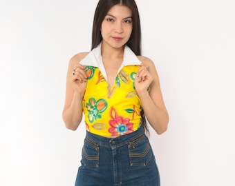 90s Floral Halter Top Yellow Backless Tie Back Collared Polo Open Back Tropical Flower Summer Shirt V Neck White Collar Colorful Large L