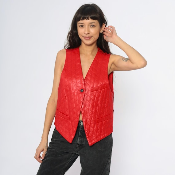 Red Quilted Leather Vest 90s Diamond Pattern Sleeveless Pockets Vintage Biker Motorcycle Moto Jacket Waistcoat Adjustable Back Medium M