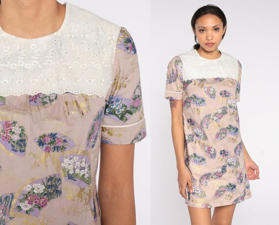 60s Mini Dress Asian Inspired Floral Print Shift Dress Boho Eyelet Lace Bib Dress Mod Hippie Flower Bohemian Vintage 1960s Extra Small xs
