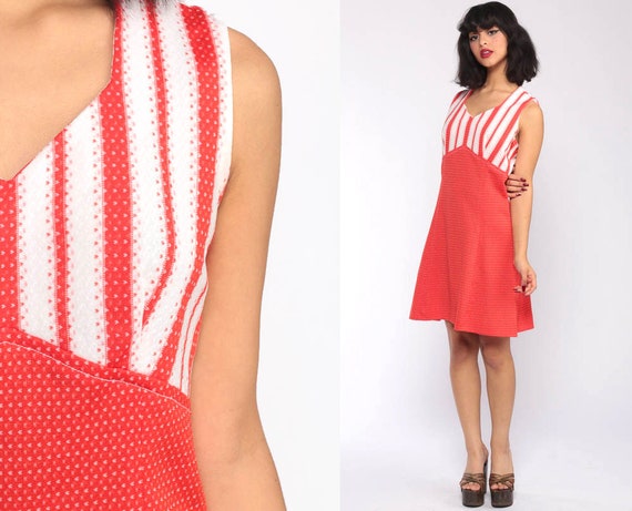 70s Babydoll Dress Red Striped Dress Mod Mini Dress Sleeveless 60s Summer Polyester Empire Waist Bohemian Vintage Sixties Small Medium