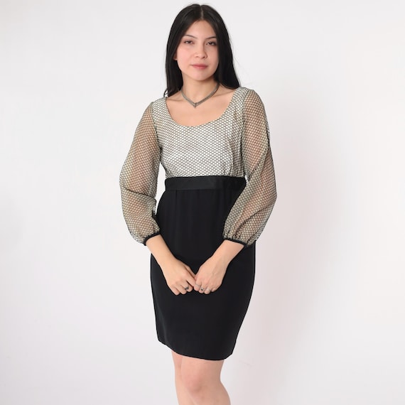 Vintage 60s Black White Party Dress Honeycomb Mesh Overlay Mod Sheer Long Sleeve Bow High Waist Retro Cocktail 1960s Formal Evening Small S