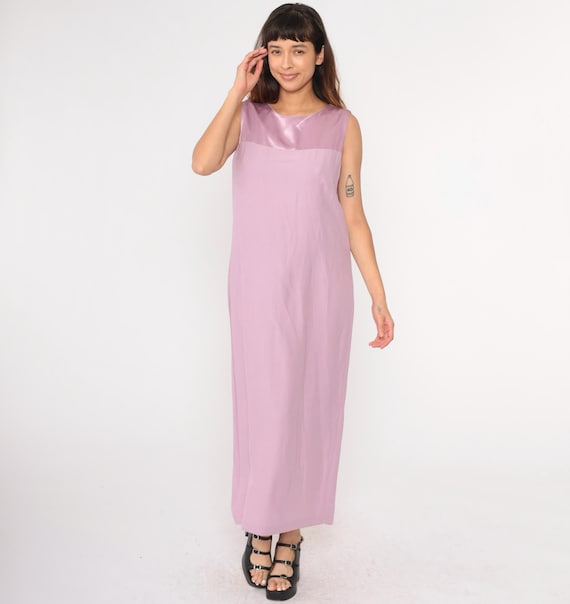 Vintage Lavender Maxi Dress Satin Yoke Shift Dress 90s Sleeveless Simple Plain Minimalist 1990s Party Large L