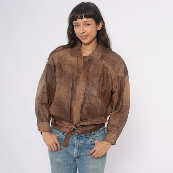 90s Leather Jacket Brown Cropped Belted Tie Waist Button Front Collared Casual Grunge Dark Academia Vintage Boxy Utility Outerwear Small S