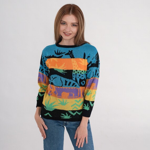 Safari Animal Sweater 90s Striped Knit Sweater El… - image 4