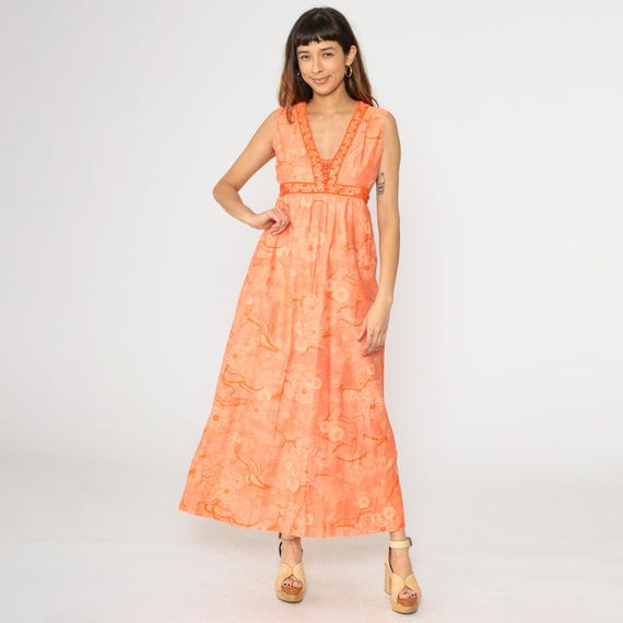 Vintage 70s Beaded Floral Maxi Dress Orange Boho Empire Waist Sleeveless V Neck Hippie Retro Bohemian 1970s Medium 8