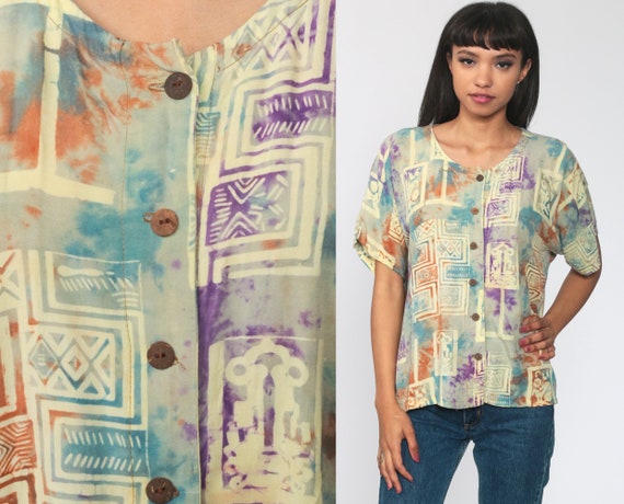 Tie Dye Shirt 90s Batik Top Short Sleeve Top Vintage Festival Hippie Boho Blouse Yellow Retro TieDye Bohemian Button Up Extra Large xl