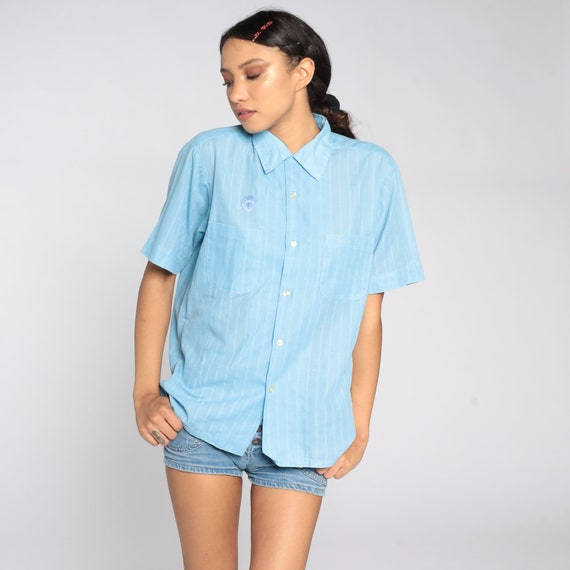 Blue Button Up Shirt 70s Fleur De Lis Crest Shirt Collar Hippie Boho 1970s Disco Top Vintage Collared Short Sleeve Semi-Sheer Medium Large