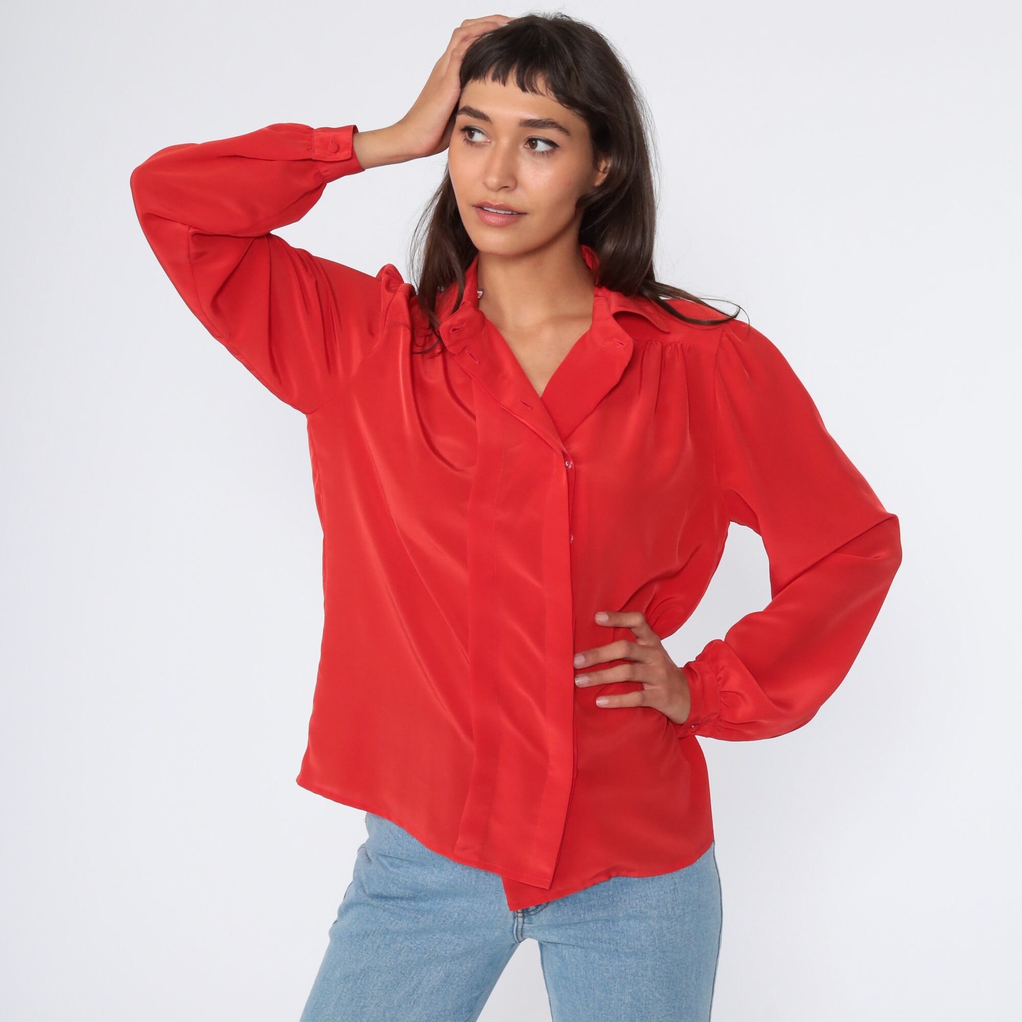 Puff Sleeve Blouse Plain Red Top Silky Button Up Shirt 80s Collar Top ...