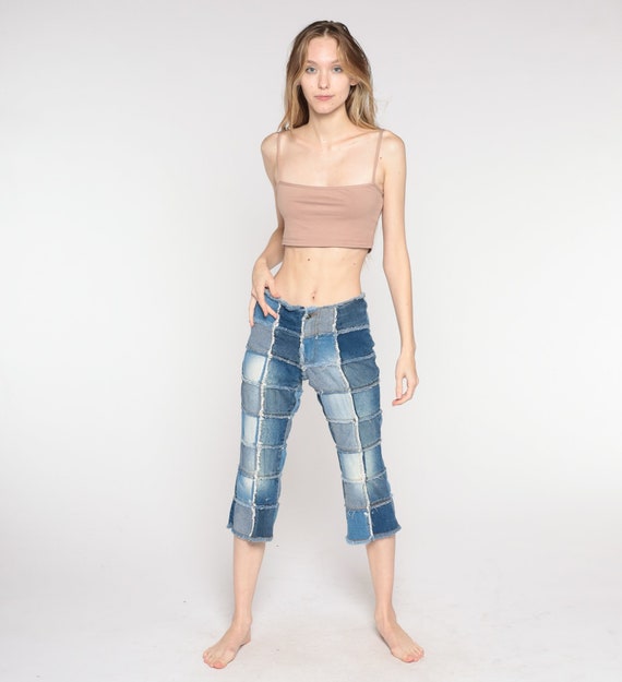 Y2K Patchwork Jeans Capri Jeans Cropped Low Rise Waist 00s Denim Pants Blue Hippie 2000s Vintage Boho Shorts Bohemian Extra Small xs
