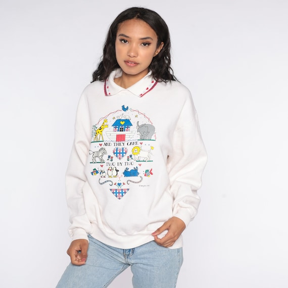 Noah's Ark Sweatshirt 90s Animal Print Grey Giraffe Elephant Lion Sweatshirt Jumper Graphic Wildlife Sweater 80s Vintage Christian Large L