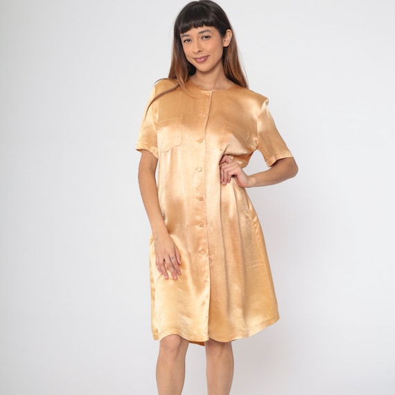 Shiny Apricot Dress 90s Shimmery Button Up Midi Dress Shiny Muted Orange Short Sleeve Shift Retro Plain Pocket Vintage 1990s Small Medium