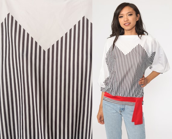 80s Black White Top Striped Shirt Long Sleeve Shirt Slouchy Top Retro Tshirt Vintage 1980s Medium