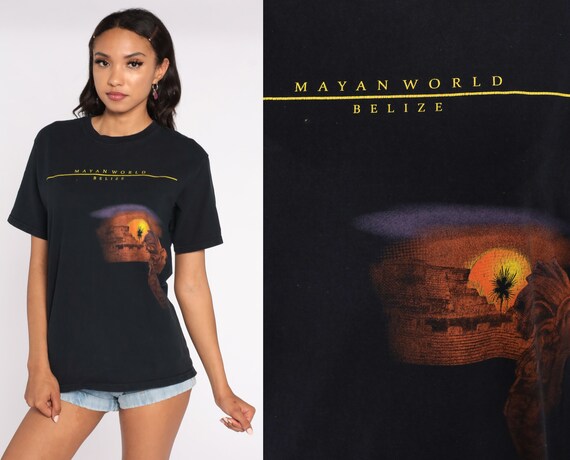Belize TShirt 90s Mayan Ruins Shirt Mayan World Vintage T Shirt Travel Tee Graphic 1990s Black Yazbek Medium