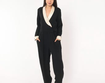 90s Black Jumpsuit Cream Satin Shawl Collar Wrap Front Long Sleeve Tuxedo One Piece Button Closure Tapered Leg Evening Vintage Medium M
