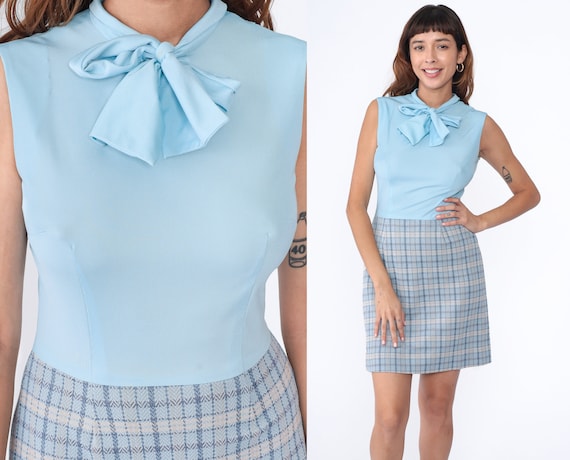 70s Mini Dress Plaid Ascot Bow Dress 60s Mod Baby… - image 1