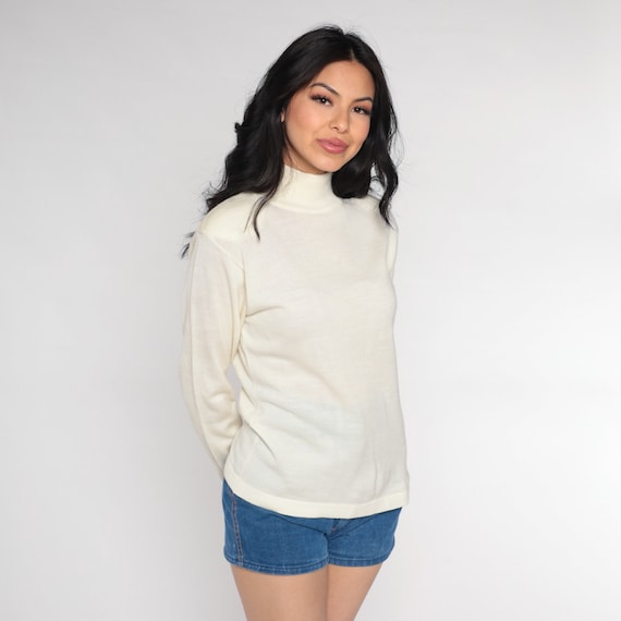 Knit Turtleneck Shirt 90s Cream Top Long Sleeve Shirt Acrylic Wool Blend 1990s Funnel Retro Funnel Turtle Neck Top Vintage Plain Medium