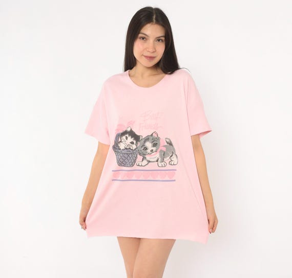 Best Friends Kitten Tee 90s Pink Cat Graphic Sleep Shirt Cotton Nightshirt Cute Animal Relaxed Fit Pajama Top Vintage Small Medium Large
