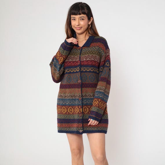 90s Fair Isle Cardigan Wool Silk Sweater Button Up Grunge Knit Abstract Pattern Multicolor Long Sleeve Oversized Winter Vintage Large L
