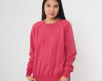 90s Pink Sweatshirt Cotton Crew Neck Pullover Long Sleeve Casual Basic Solid Color Classic Minimalist Lightweight Vintage Sweater Small S