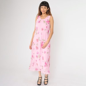 90s Pink Floral Maxi Dress Tank Sundress Y2K Scoop Neck Chiffon Sleeveless Sun Retro Summer Ankle Length Vintage 1990s Large 12