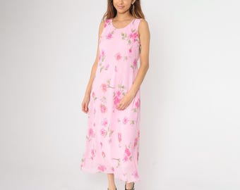 90s Pink Floral Maxi Dress Tank Sundress Y2K Scoop Neck Chiffon Sleeveless Sun Retro Summer Ankle Length Vintage 1990s Large 12