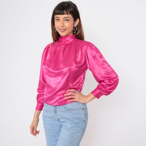 Pink Satin Shirt 80s Puff Sleeve Blouse Vintage Silky High Mock Neck Fuchsia Shirt Draped Long Sleeve Button Back Extra Small xs 2 Petite image 3