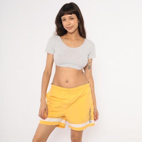 Nautica Swim Trunks Yellow Gold Athletic Shorts 2000s Board Short White Stripe Beach Vacation Summer Surf Sporty Embroidered Logo Medium M