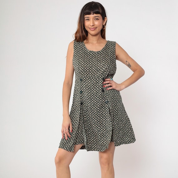 Geometric Mini Romper 90s Liberty Sleeveless Button Detail Front Pleat Scoop Neck Preppy Grunge Abstract Print Forest Green Cream Small S