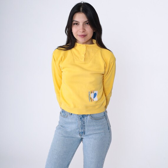 90s Sweatshirt Yellow Heart Sweatshirt Heart Print FUNNEL NECK Button Neck Cropped Retro 1990s Vintage Streetwear Extra Small xs Petite
