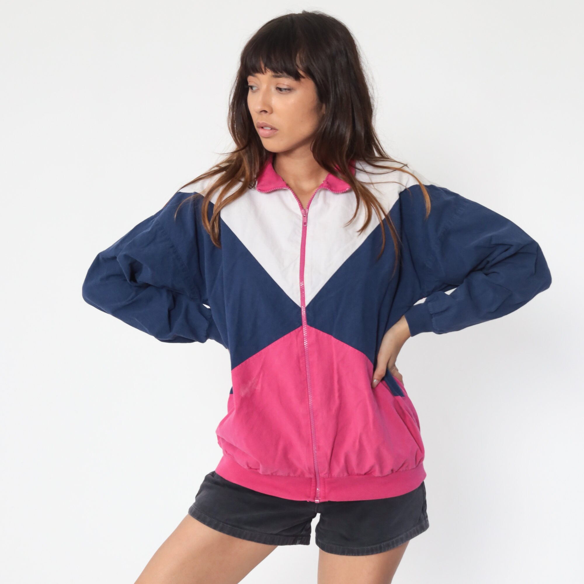 Color Block Windbreaker Jacket 80s Pink White Jacket Vintage 1980s Zip Up Cotton Jacket Blue Medium