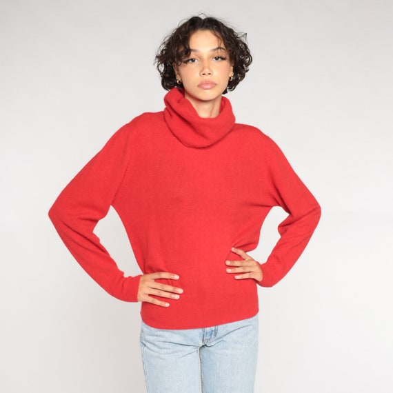 Red Turtleneck Sweater 90s Wool Angora Blend Knit… - image 3