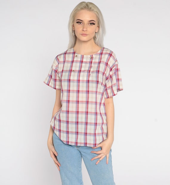 80s Plaid Shirt 80s Double Breasted Button Up Blouse Checkered Print White Pink Cap Sleeve Boho Top 1980s Short Sleeve Vintage Medium