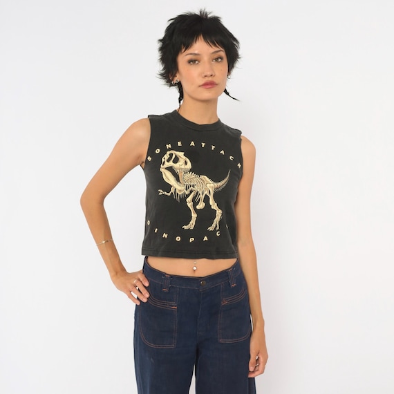 90s Dinosaur Skeleton Crop Tank Top Black Cotton T Rex Graphic Sleeveless Muscle Tee Faded Goth Crew Neck Vintage Extra Extra Small XXS