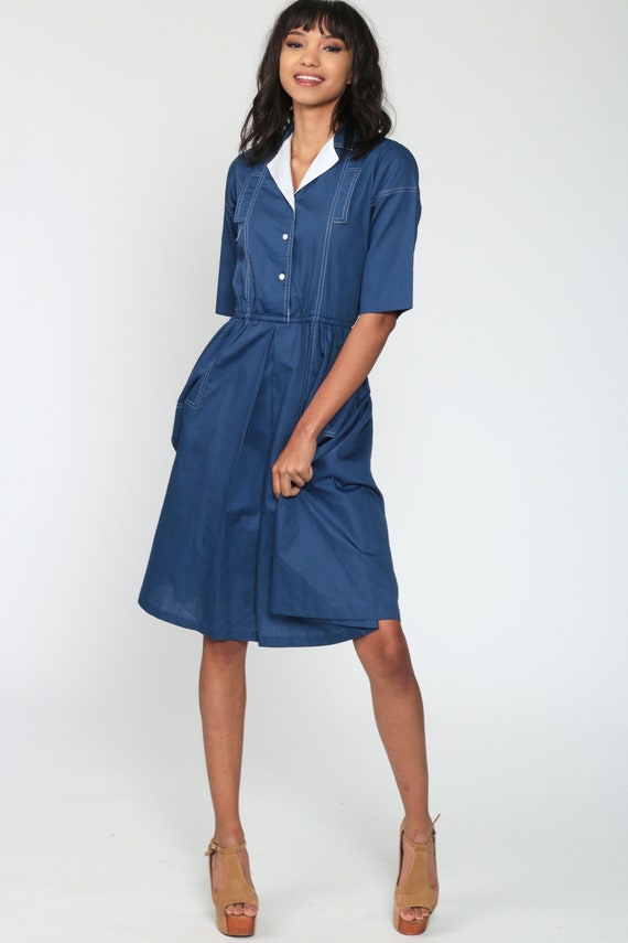 Blue Shirt Dress Midi 70s Shirtwaist 1/2 Sleeve Dress 80s Secretary Shirtdress Flared Button Up High Waisted 1970s Vintage Plain Small