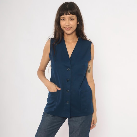 70s Navy Vest V Neck Sleeveless Blue Patch Pocket Layering Top Vintage Dark Academia Preppy Collegiate Women Longline Tunic Style Medium M